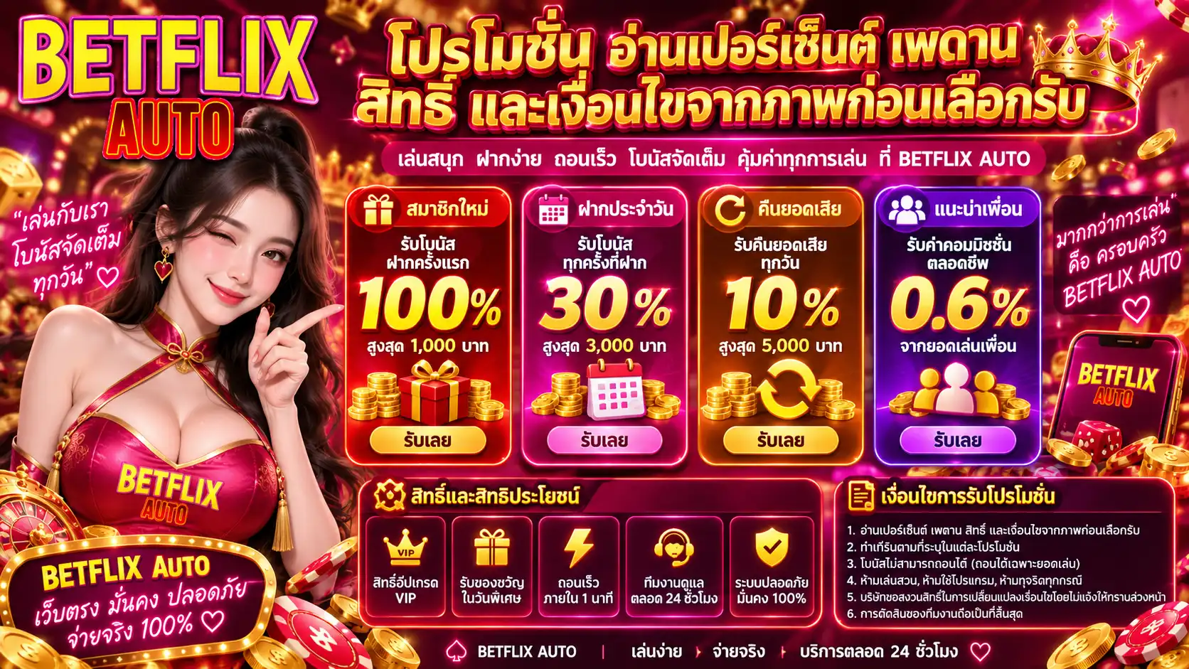 โปรโมชั่น betflixauto อ่านเปอร์เซ็นต์ เพดาน สิทธิ์ และเงื่อนไขจากภาพก่อนเลือกรับ
